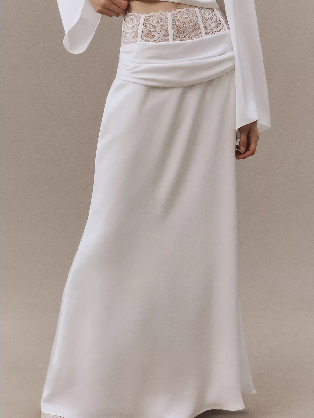 White Maxi Skirt with Draped Waist and Lace Panel